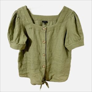 Talbots 100% Linen Square Neck Button Front Short Puff Sleeve Blouse Olive Green